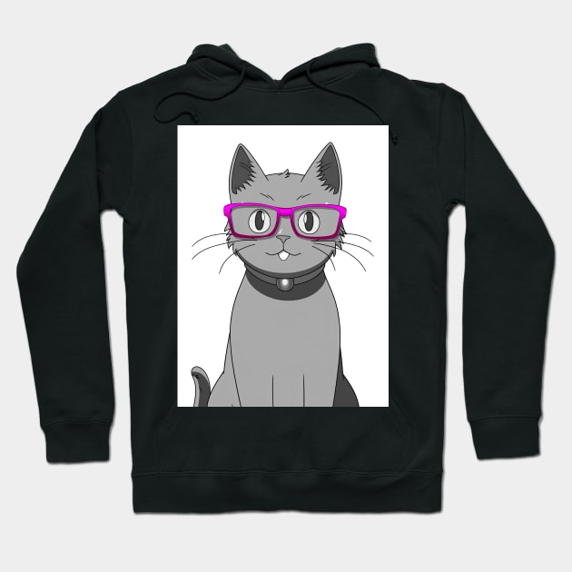 Cute Grey Cat with Nerdy Pink Glasses - Anime Wallpaper Hoodie by KAIGAME Art